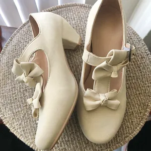 Cream and white Mary Jane 2” heels pumps ballet flats with bows (Size EUR 38) thumbnail 2