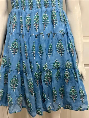 OLIPHANT 100% Cotton Smocked Flirty Ruffle Blue Block Print | Size Small thumbnail 5