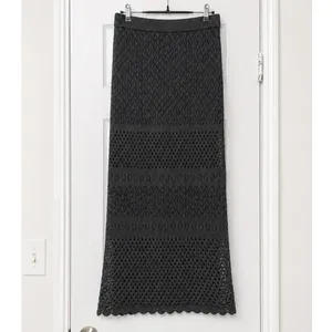 Aerie Crochet Pointelle Knit Maxi Skirt Charcoal Gray Side Slit Swim Cover Med thumbnail 3