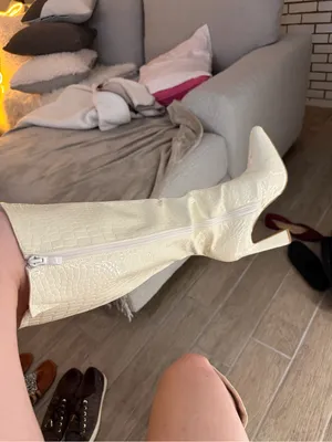 Knee-High Croc-Embossed Patent Boots in Cream thumbnail 4