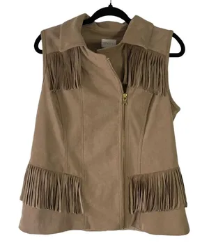 Chico's Women's‎ Size 1 Small Tan Fringe Western Boho Side Zip Vest thumbnail 1