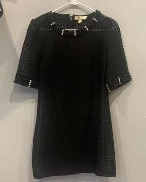 Black Textured Dress with Beaded and rhinestone Trim thumbnail 1