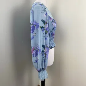 Free People Daphne Sliver Blue Floral Boho Smocked Lace Blouse Medium NWT $128 thumbnail 6