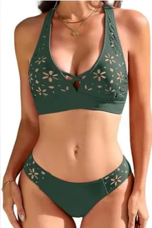 RIHOAS Dark Green Floral Cutout Halter Bikini Set thumbnail 1