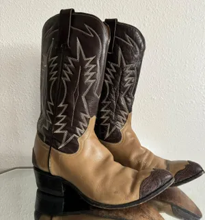Vintage Brown Tan Leather Western Festival Wingtip Mid Calf Heeled Cowboy Boots thumbnail 4