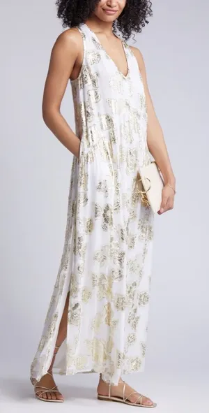 Ciebon White And Gold Floral Metallic Foil Maxi Dress Size Medium thumbnail 1