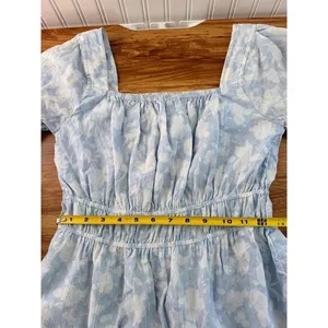 Free Assembly Floral Peplum Top Square Neck Smocked Waist Blue White Small thumbnail 7