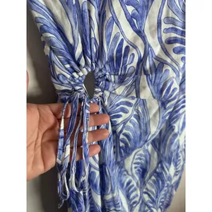 Magaschoni Linen Midi Dress Women 10 Blue White Coastal Cutout Resortwear thumbnail 4