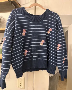 Joseph Navy Striped Crewneck Sweater with Pink Floral Appliqués thumbnail 1