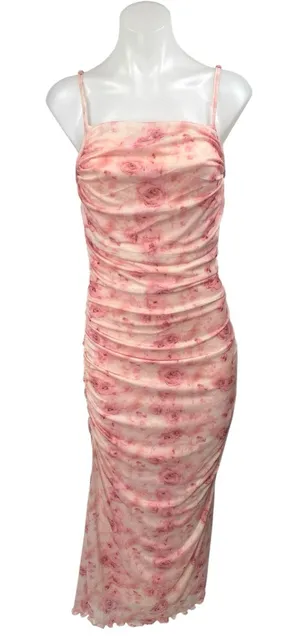 NEW Shein Pink Floral Ruched Sleeveless Cami Camisole Tank Midi Bodycon Dress M thumbnail 1