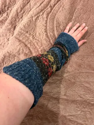 Blue Knit arm Warmers with Multicolor Fair Isle Stripes thumbnail 2