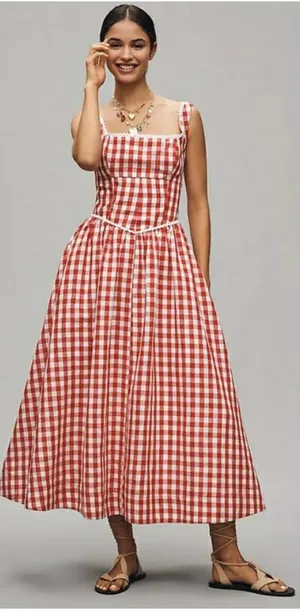 💕WAYF x Styled Coco!💕 Gracie Gingham Linen-Blend Midi Dress Red Gingham XL NWT thumbnail 1