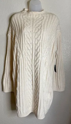 Express Medium Sweater‎ Dress Cream Cable Knit Ribbed Mock Neck Long Sleeve NEW thumbnail 1