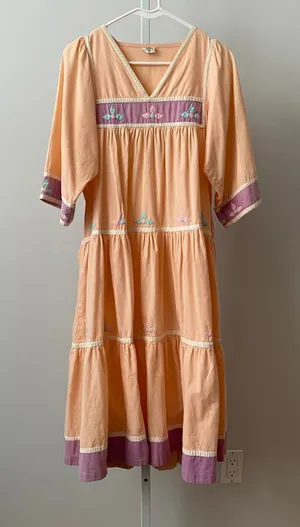 Vintage Cotton Boho Fairy Peasant‎ Embroidered Tiered Maxi Dress Small Peach thumbnail 1
