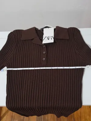 Zara Ribbed Knit Polo Top Long Sleeve - Brown - Size M - 3471 thumbnail 6