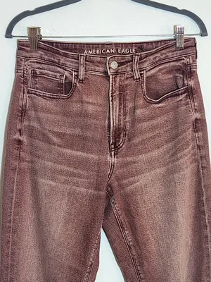 American Eagle Burgundy Pink Dyed Distressed Jeans Size 8 Long thumbnail 2