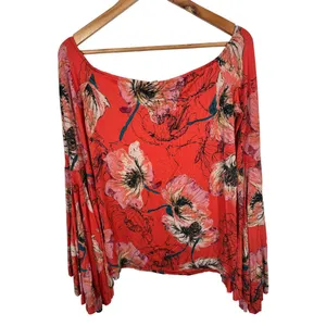 Free People Medium Blouse Top Flared Sleeves Orange Floral Stretch Boho Festival thumbnail 3