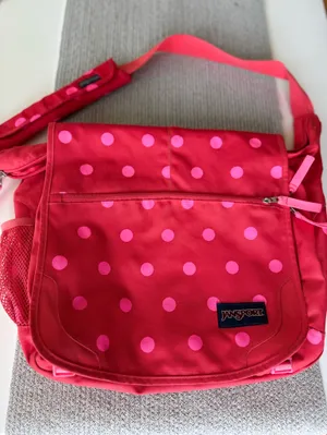 Jansport Red Oversized Messenger Bag with Pink Polka Dots thumbnail 3