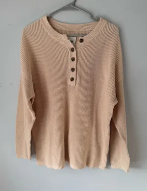 Aerie Knit Cotton Henley Sweater Button Up Hippie Boho Brown Tan Size S thumbnail 1