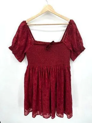 Altar'd State Mini Dress Sz XL Red Floral Velvet Burnout Smocked Sexy Feminine thumbnail 1