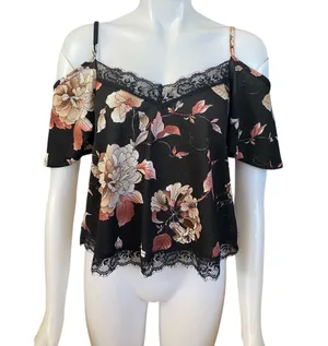 Free Press Clothing black pink floral off the shoulder short sleeve crop top M thumbnail 1