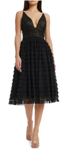 Dress the Population Becca Midi Dress Black Sleeveless Sequin Tiered Small thumbnail 1