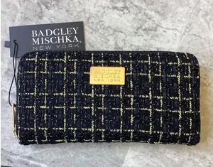 Badgley Mischka Womens Tweed Zip Around Wallet Black Gold Plaid Grid NWT thumbnail 1