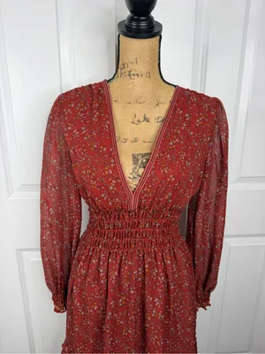 Max Studio Floral Smocked Waist Mini Dress Size S Rust Red Boho Fall thumbnail 3