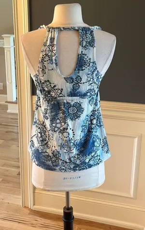 Self Esteem Tank Blue White Print Peplum Shirt Cotton Blend Medium thumbnail 9