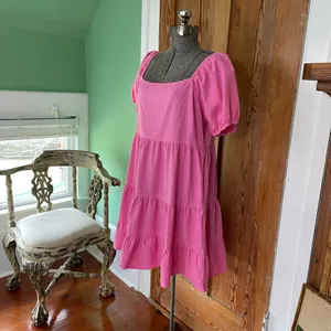 Luukse Bright Pink Tiered Babydoll Dress Puff Sleeve Cottagecore XL💛 thumbnail 13