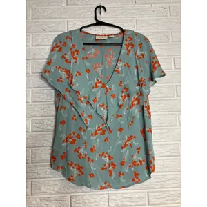 Maeve Anthropologie Blouse Womens‎ 4 Blue Excellent Cherry Print Ruffle Cape Top thumbnail 3