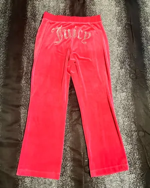 Womens M Y2K Juicy Couture Pink Velour Track Pants Rhinestone Big Bling thumbnail 1