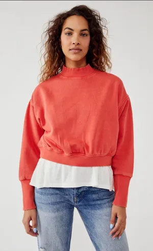 We The Free Free People Mock‎ Neck Relaxed Cropped Sweatshirt Red Large thumbnail 1
