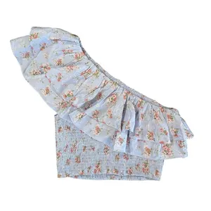 Abercrombie & Fitch Asymmetrical Ruffle 1 Shoulder Top Light Blue Floral XS thumbnail 2