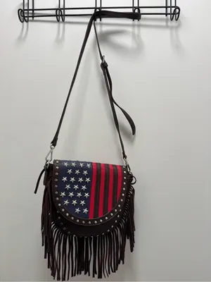 Brown faux leather Rodeo Fringe American Flag crossbody bag charming charlie thumbnail 3