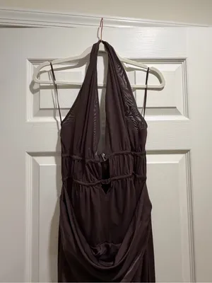Misha Halter Cutout Satin Maxi Dress in Deep Brown thumbnail 10