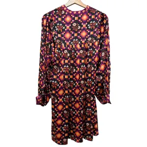 Printfresh Tunic Dress Women Sz XS Satin Colorful Boho Tassle Long Puff Sleeve thumbnail 2