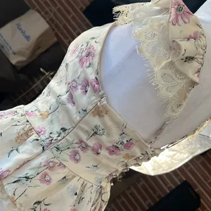 Floral Lace Corset Peplum Top Cream Purple Cottagecore Flutter Sleeve Bustier thumbnail 7