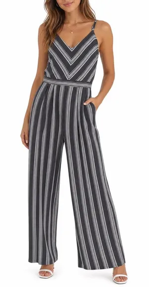 Xhilaration Womens Large Navy Blue White Striped Wide Leg Jumpsuit V-Neck L thumbnail 1