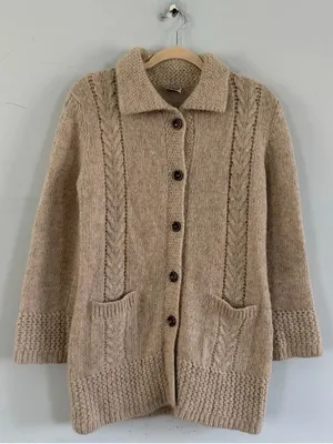 Vintage IQ Mohair Wool‎ Cardigan Cable Knit Tan Longline Collared Sweater thumbnail 2