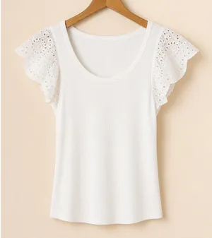 Gap Ribbed Baby Tee Women Small White NWT Eyelet Flutter Sleeve Boho Preppy thumbnail 1