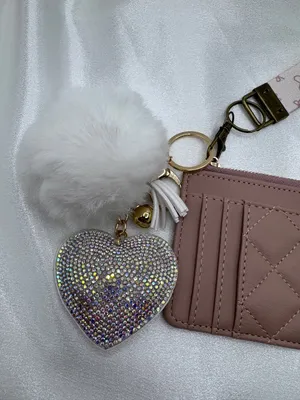 Blush Pink Quilted Card Holder Wallet with Rhinestone Heart Charm thumbnail 6