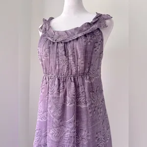 Vintage ‘90s Max Studio 100% Silk Purple Leaf Print Ruffled Sleeveless Dress thumbnail 3