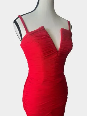 Dress the Population Ferra Rouge Red Ruched Midi Dress XS Strapless thumbnail 4