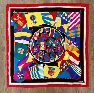 Vintage Harvé Bernard Multicolor Nautical Flag Motif 100% Silk Scarf 34" Square thumbnail 5