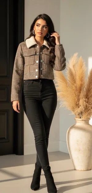 NWOT House of Harlow 1960 plaid faux shearling collar cropped jacket sz XS thumbnail 1