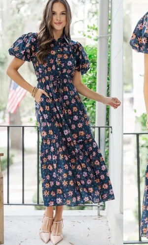 Pinch Looking Your Way Navy Blue Floral Cotton Midi Dress thumbnail 1