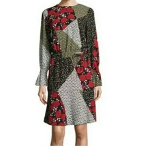 Libby Edelman Patchwork Long Sleeve Dress in Multi‎ Size Large Red thumbnail 3