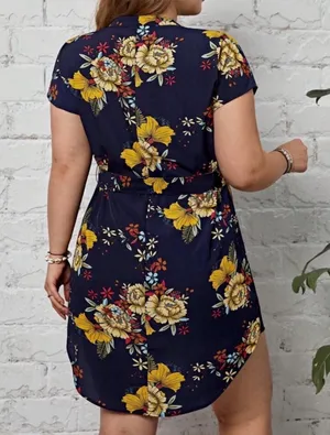 SHEIN Navy Blue Floral Tie-Waist Dress thumbnail 2