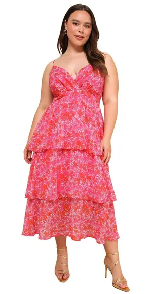 Lulus Adorable Obsession Pink Floral Print Lurex Tiered Midi Dress size L NWT thumbnail 1